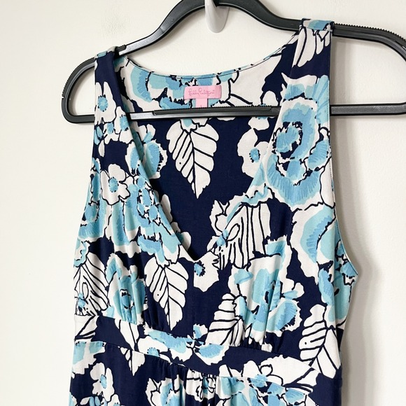 Lilly Pulitzer Silk Blend Patty Dress Low Tide Navy Bouquet All Day Womens Large - Picture 3 of 12